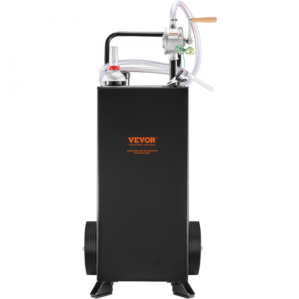 black VEVOR fuel caddy with hose and pump handle, featuring two red wheels and sturdy construction.