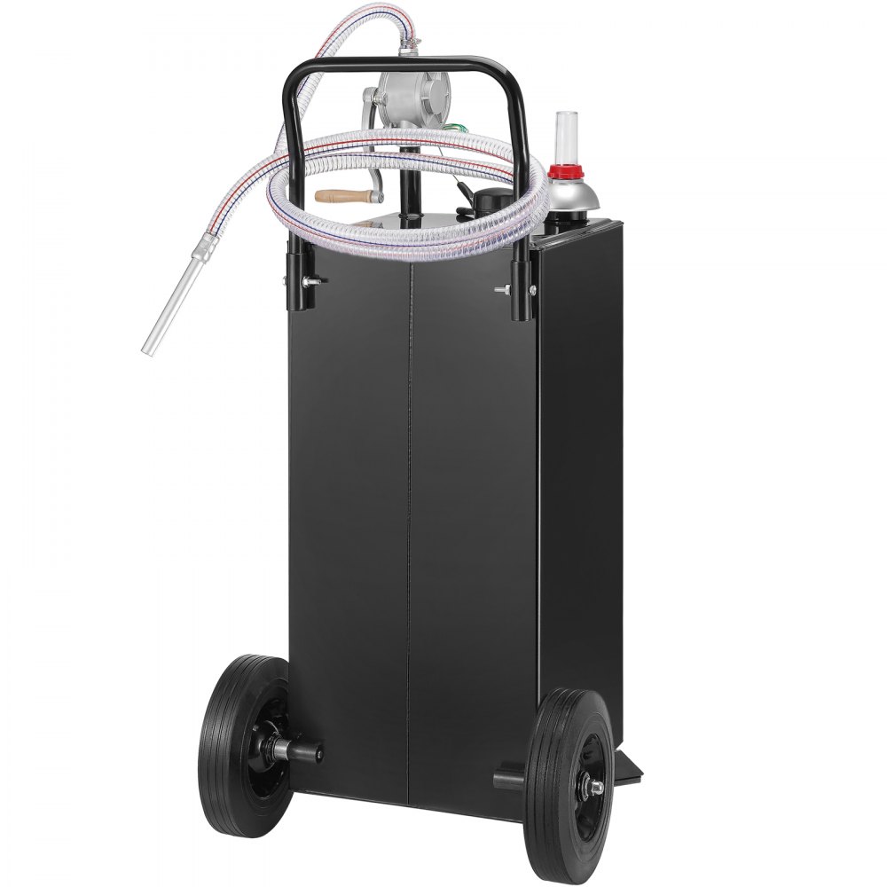 black VEVOR fuel caddy with hose, nozzle, and wheels for easy transportation.