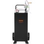 black VEVOR fuel caddy with hose and pump handle, featuring two red wheels and sturdy construction.