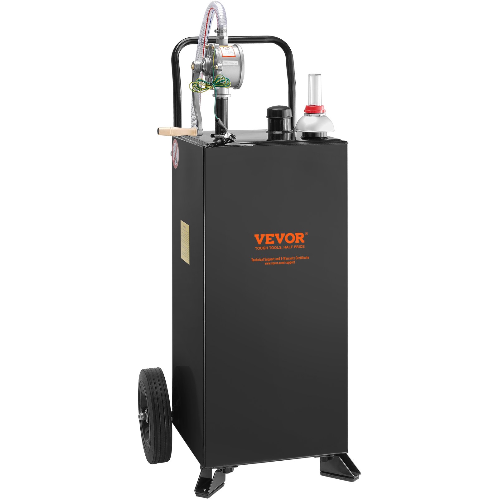 black VEVOR fuel caddy with hose, hand pump, red wheels, and handlebar.