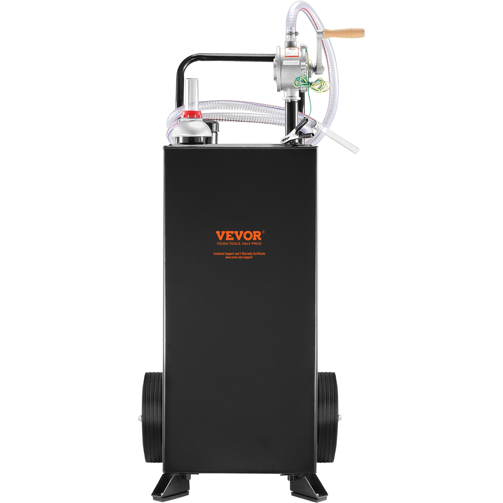 black VEVOR fuel caddy with hose and pump handle, featuring two red wheels and sturdy construction.
