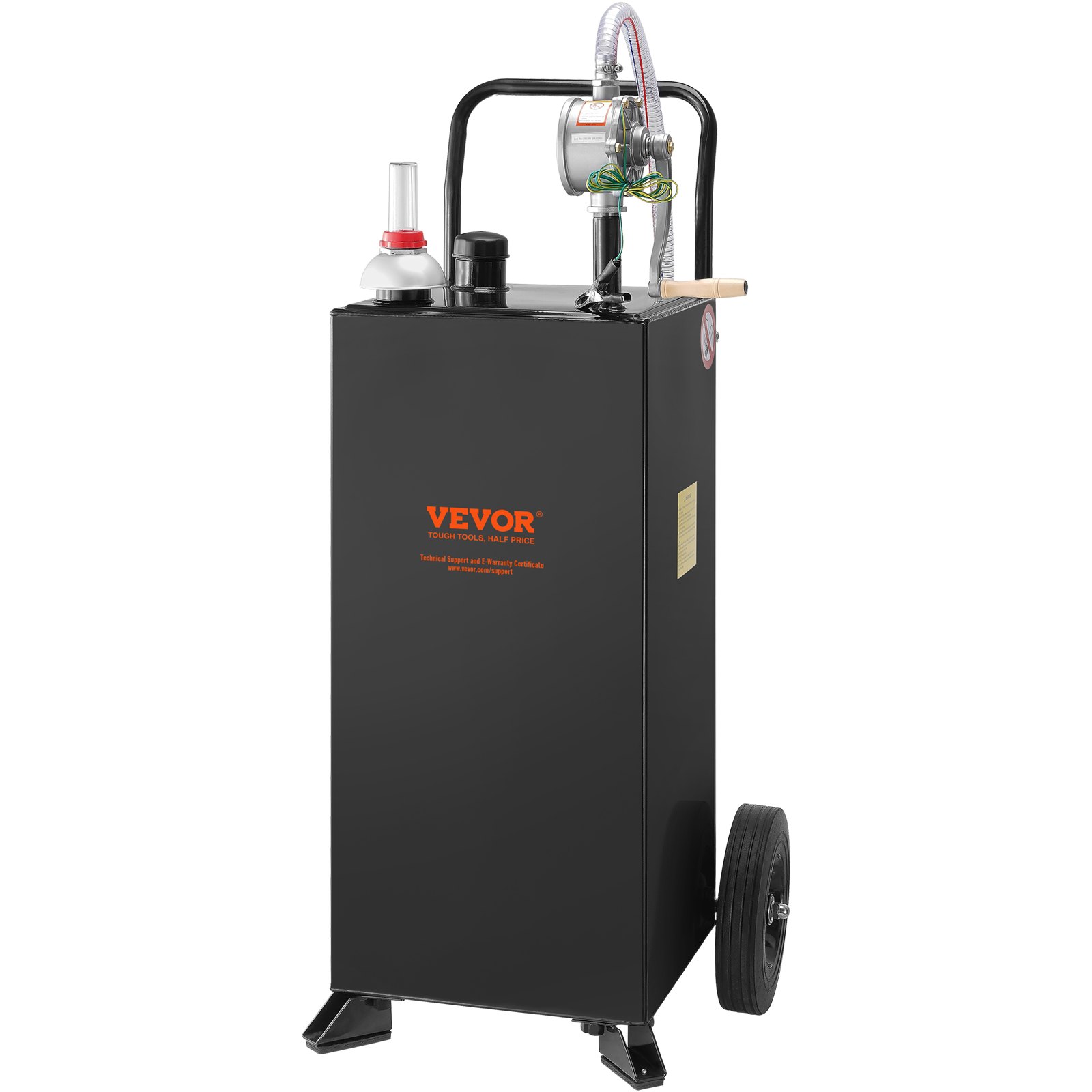 VEVOR fuel caddy with hose and pump on large wheels for easy transportation and fuel transfer.
