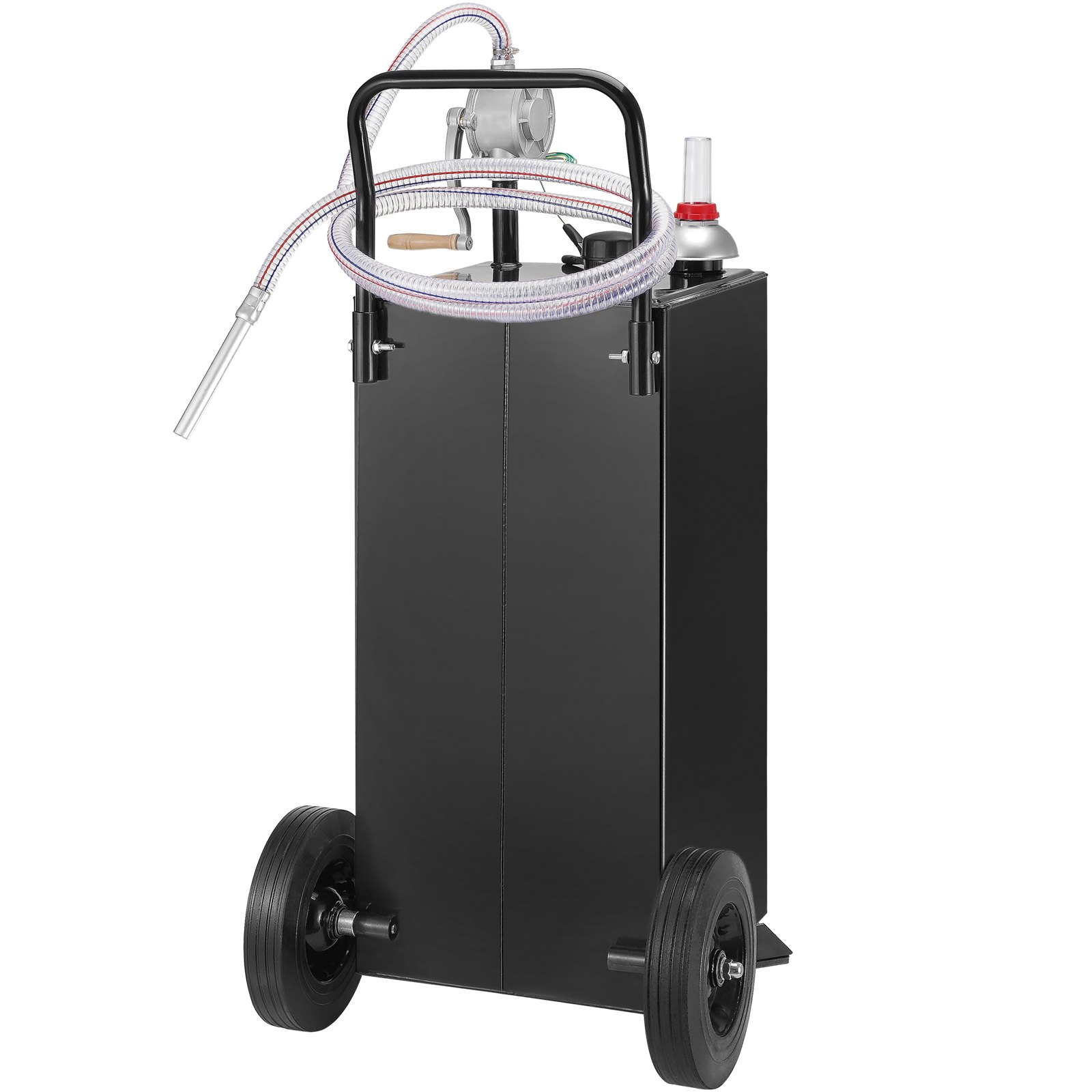 black VEVOR fuel caddy with hose, nozzle, and wheels for easy transportation.