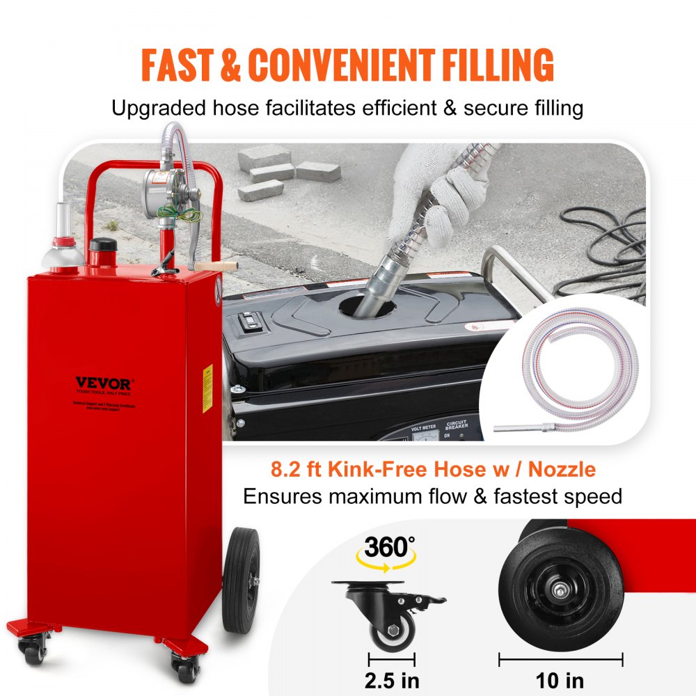 VEVOR 114L Fuel Caddy, Gas Storage Tank & 4 Wheels, with Manuel Transfer Pump, Gasoline Diesel Fuel Container for Cars, Lawn Mowers, ATVs, Boats, More, Red
