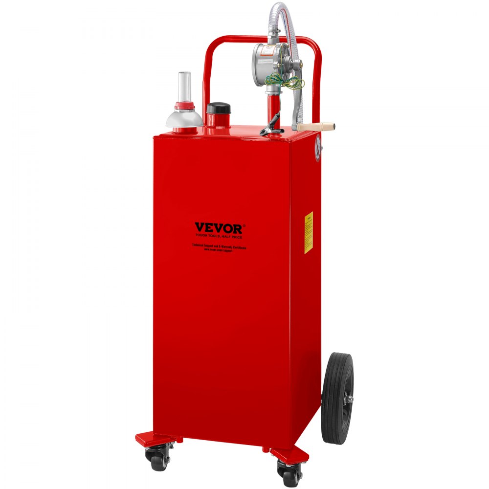 red VEVOR fuel caddy with wheels, hose, and handle for easy transportation and dispensing.