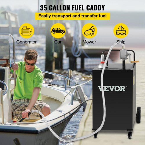 VEVOR Fuel Caddy, 35 Gallon, Gas Storage Tank on 4 Wheels, with Manuel Transfer Pump, Gasoline Diesel Fuel Container for Cars, Lawn Mowers, ATVs, Boats, More, Black