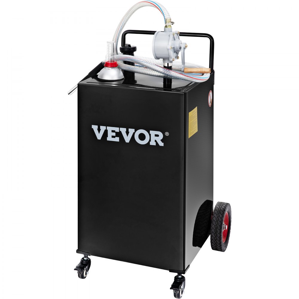 VEVOR fuel caddy on wheels with hose and pump assembly, black exterior and large white logo.