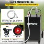 VEVOR fuel caddy with 9.8 ft kink-free hose, 4 wheels, and 360° swivel caster for easy refueling.