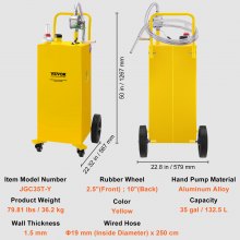 VEVOR Fuel Caddy, 35 Gallon, Gas Storage Tank on 4 Wheels, with Manuel Transfer Pump, Gasoline Diesel Fuel Container for Cars, Lawn Mowers, ATVs, Boats, More, Yellow