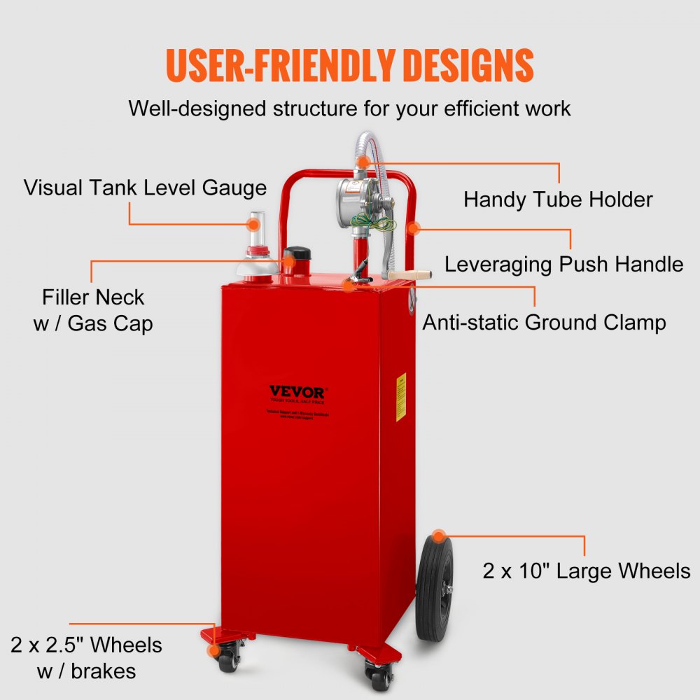 VEVOR Fuel Caddy, 132.49 Liter, Gas Storage Tank on 4 Wheels, with Manuel Transfer Pump, Gasoline Diesel Fuel Container for Cars, Lawn Mowers, ATVs, Boats, More, Red