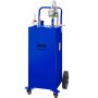 blue VEVOR fuel caddy with red wheels and pump system for easy fuel transport and storage.