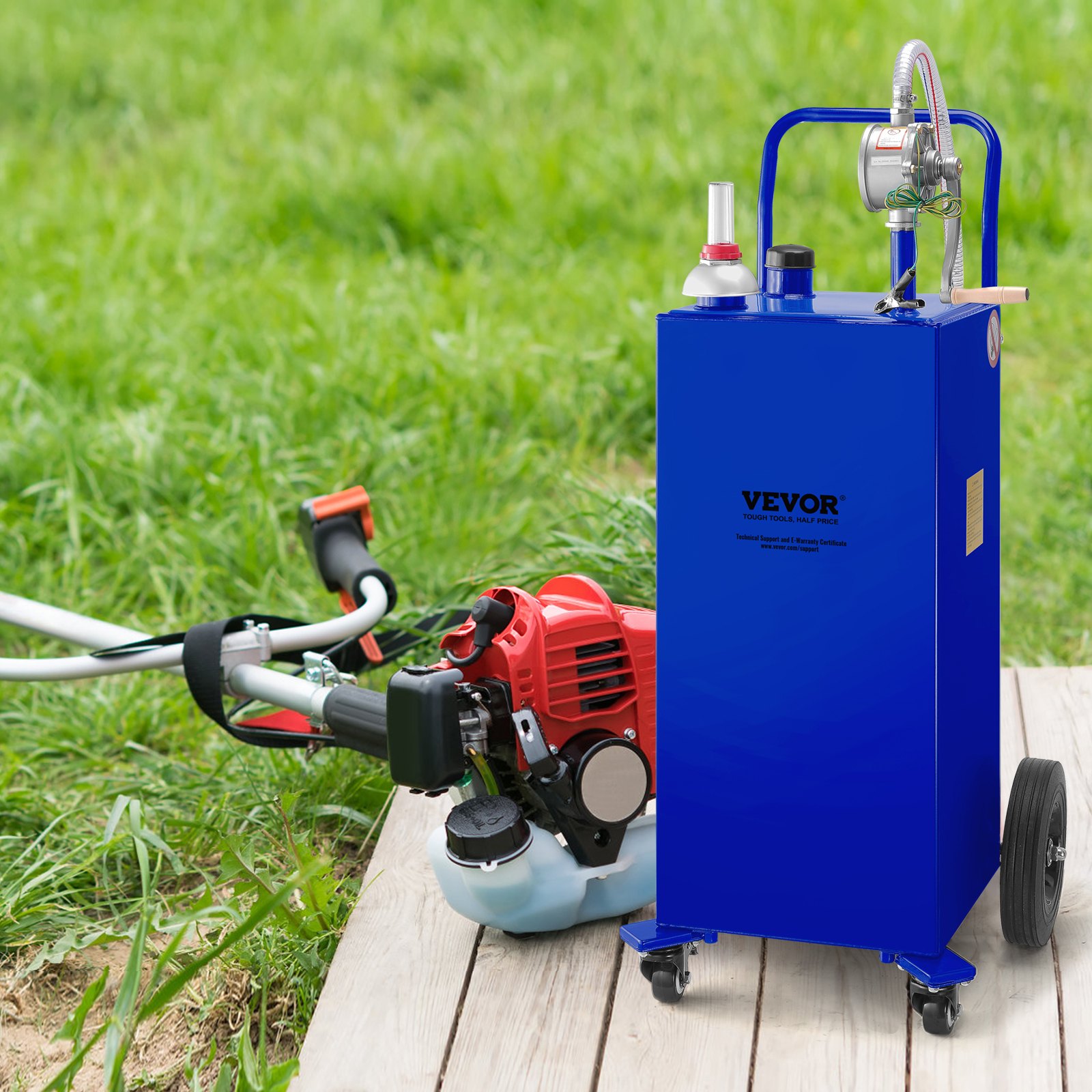 VEVOR 30 Gallon Fuel Caddy, Gas Storage Tank & 4 Wheels, with Manuel Transfer Pump, Gasoline Diesel Fuel Container for Cars, Lawn Mowers, ATVs, Boats, More, Blue