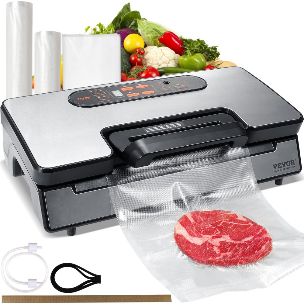 VEVOR Vacuum Sealer Machine, 90Kpa 130W Powerful Dual Pump and Dual Sealing, Dry and Moist Food Storage, Automatic and Manual Air Sealing System with Built-in Cutter, with Seal Bag and External Hose