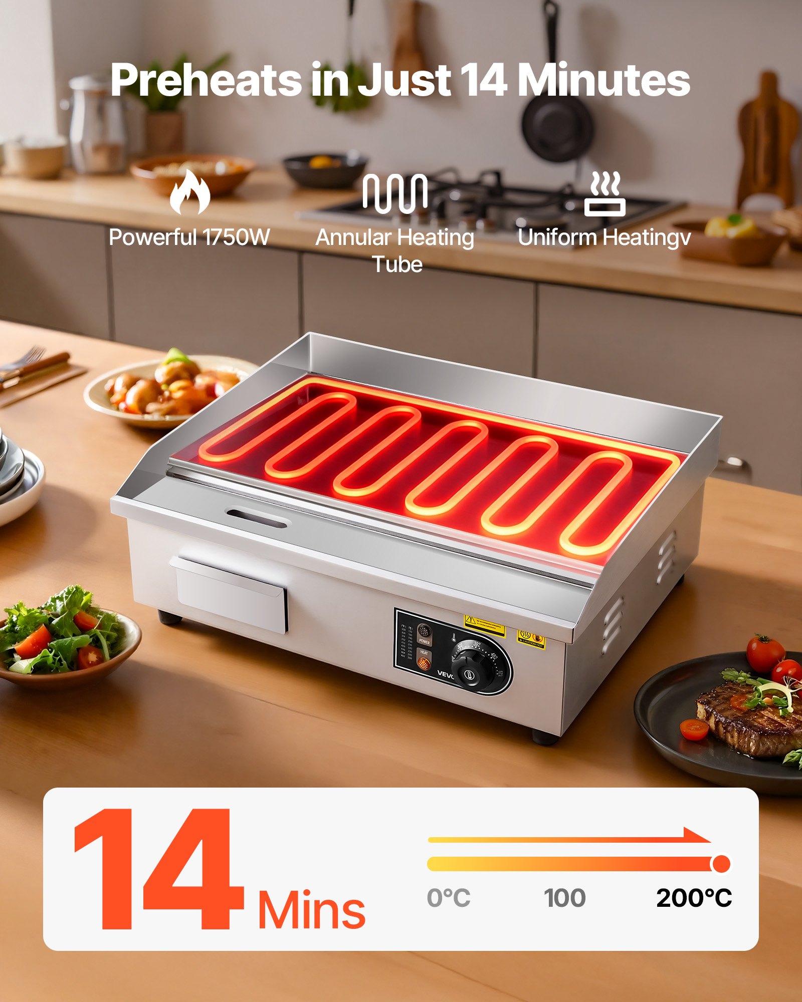 VEVOR Commercial Electric Griddle, 1750W, 122-570°F Adjustable Temp Control, Stainless Steel Countertop Flat Top Grill with 2 Spatulas, 2 Brushes and 4 Foot Pads, for Steak, Pancake