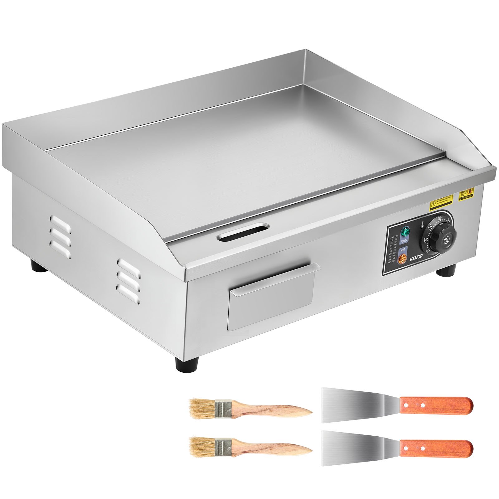 VEVOR Commercial Electric Griddle, 1750W, 122-570°F Adjustable Temp Control, Stainless Steel Countertop Flat Top Grill with 2 Spatulas, 2 Brushes and 4 Foot Pads, for Steak, Pancake