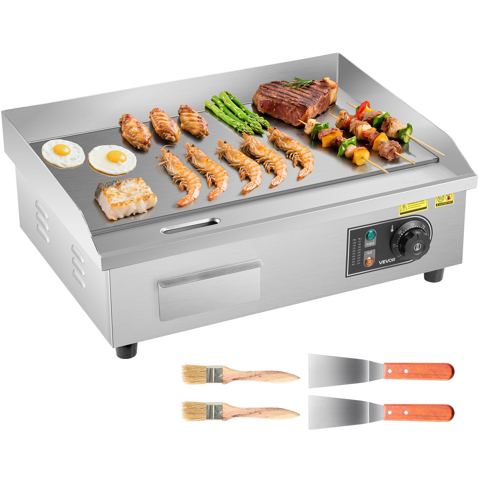 VEVOR Commercial Electric Griddle, 535 x 300 mm, 3200W, 50-300°C Adjustable Temp Control, Stainless Steel Countertop Flat Top Grill with 2 Spatulas, 2 Brushes and 4 Foot Pads, for Steak, Pancake