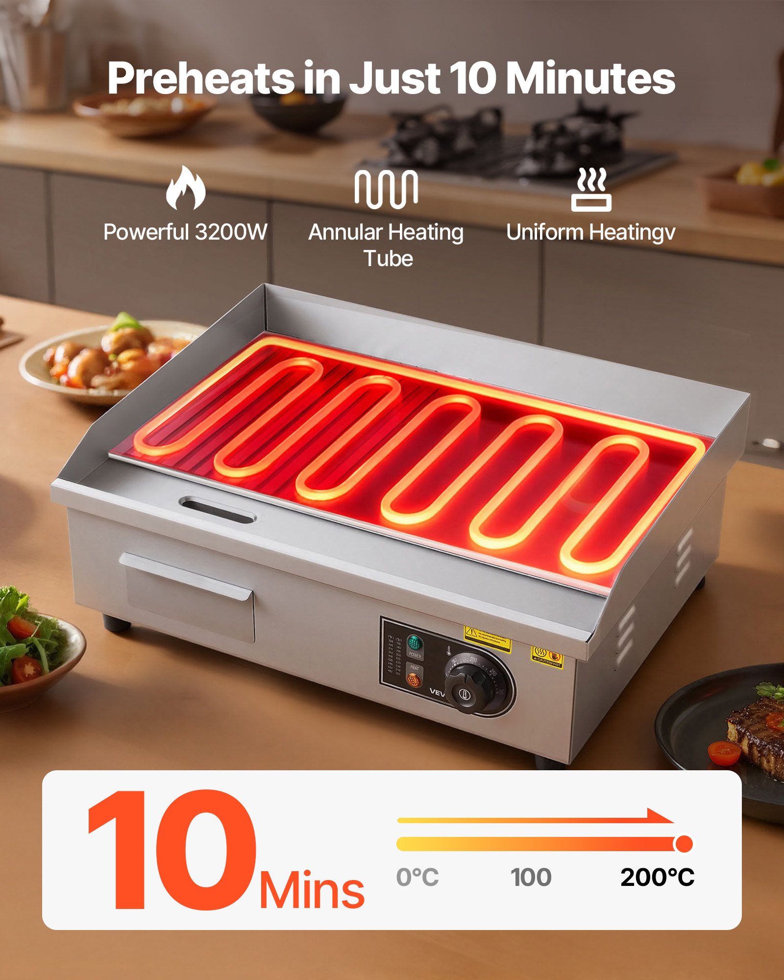 VEVOR Commercial Electric Griddle, 535 x 300 mm, 3200W, 50-300°C Adjustable Temp Control, Stainless Steel Body, Half Grooved Half Flat, with 2 Spatulas, 2 Brushes, and 4 Foot Pads, for Steak, Pancake