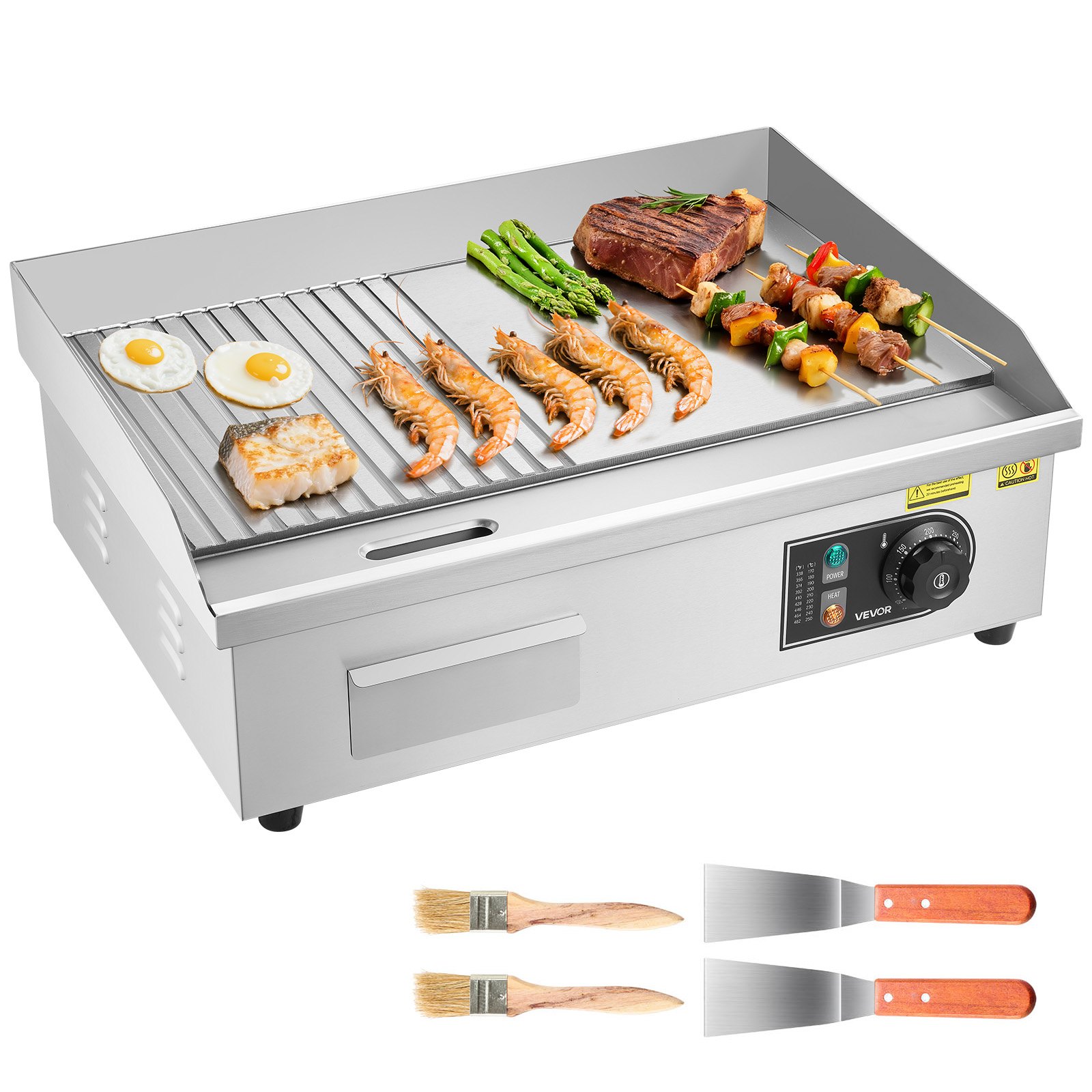 VEVOR Commercial Electric Griddle, 535 x 300 mm, 3200W, 50-300°C Adjustable Temp Control, Stainless Steel Body, Half Grooved Half Flat, with 2 Spatulas, 2 Brushes, and 4 Foot Pads, for Steak, Pancake