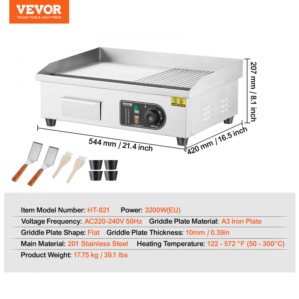 VEVOR Commercial Electric Griddle, 3200W Countertop Half-Flat Top Grill, 122℉-572℉ Adjustable Temp, 21.26x11.81x0.39in Stainless Steel Griddle Grill with 2 Shovels and 2 Brushes for Home or Restaurant