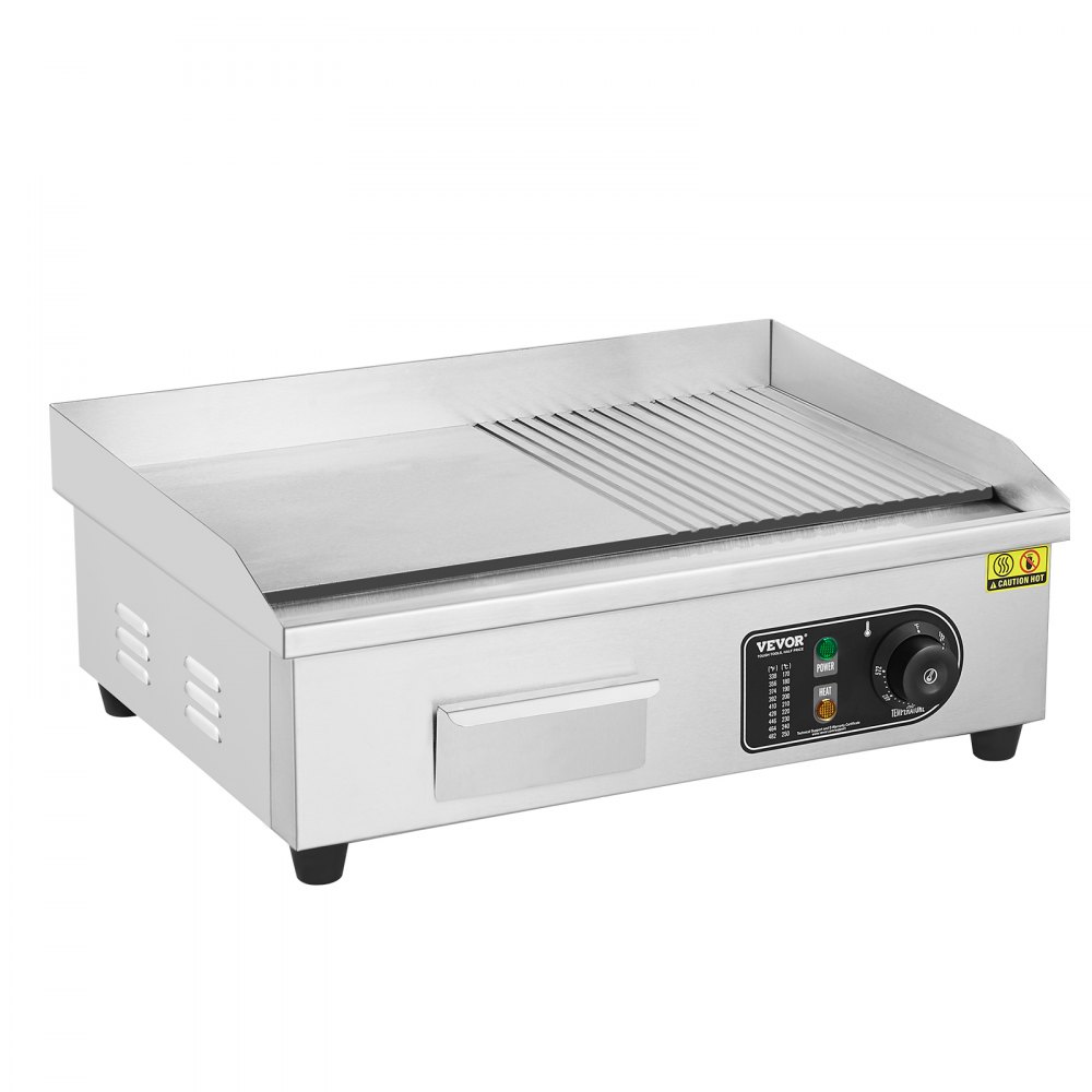 VEVOR Commercial Electric Griddle, 3200W Countertop Half-Flat Top Grill, 122℉-572℉ Adjustable Temp, 21.26x11.81x0.39in Stainless Steel Griddle Grill with 2 Shovels and 2 Brushes for Home or Restaurant