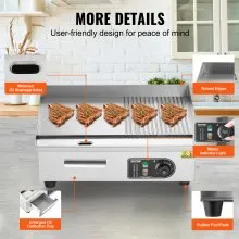 VEVOR Commercial Electric Griddle, 1600W Countertop Half-Flat Top Grill, 122℉-572℉ Adjustable Temp, 21.26x11.81x0.39in Stainless Steel Griddle Grill with 2 Shovels and 2 Brushes for Home or Restaurant