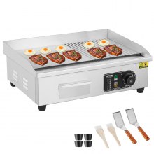 VEVOR Commercial Electric Griddle, 1600W Countertop Half-Flat Top Grill, 122℉-572℉ Adjustable Temp, 21.26x11.81x0.39in Stainless Steel Griddle Grill with 2 Shovels and 2 Brushes for Home or Restaurant