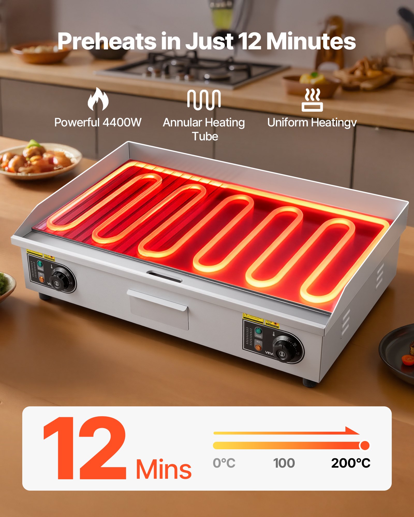 VEVOR Commercial Electric Griddle, 28.54 x 15.75 in, 4400W, 122-570°F Adjustable Temp Control, Stainless Steel Countertop, Half Grooved Half Flat, with 2 Spatulas and 2 Brushes, for Steak(NO PLUG)