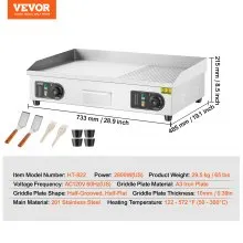 VEVOR Commercial Electric Griddle, 2800W Countertop Half-Flat Top Grill, 122℉-572℉ Adjustable Temp, 28.74x15.75x0.39in Stainless Steel Griddle Grill with 2 Shovels and 2 Brushes for Home or Restaurant No Plug