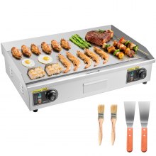 VEVOR Commercial Electric Griddle, 28.54 x 15.75 inches, 4400W, 122-570°F Adjustable Temp Control, Stainless Steel Body, Half Grooved Half Flat, with 2 Spatulas, 2 Brushes, and 4 Foot Pads, for Steak (NO PLUG)