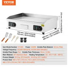 VEVOR Commercial Electric Griddle, 4400W Countertop Flat Top Grill, 122℉-572 ℉ Adjustable Temp, 28.74 x 15.75 x 0.39in Stainless Steel Griddle Grill with 2 Shovels and 2 Brushes for Home or Restaurant No Plug