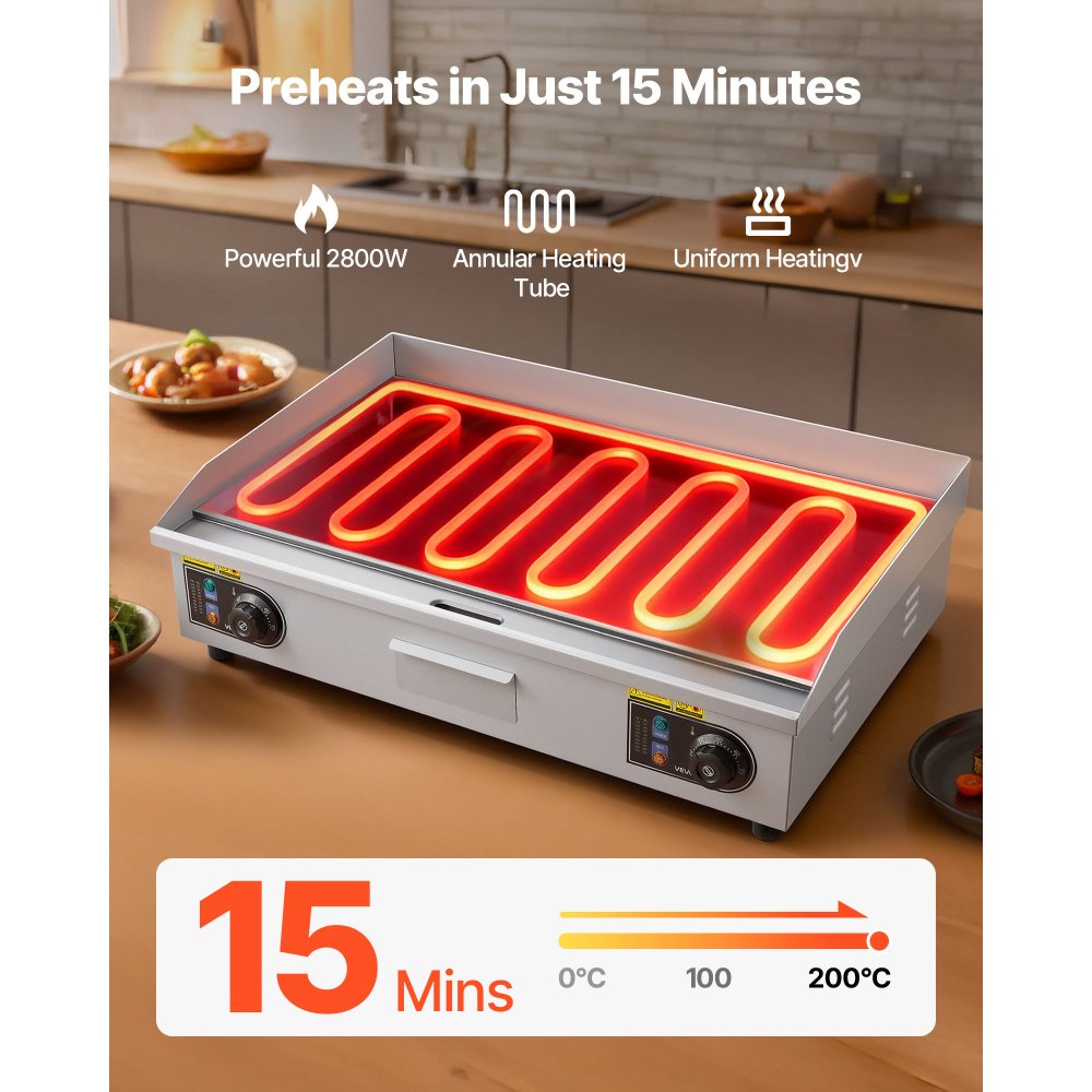 VEVOR Commercial Electric Griddle, 28.54 x 15.75 in, 2800W, 122-570°F Adjustable Temp Control, Stainless Steel Countertop Flat Top Grill with 2 Spatulas, 2 Brushes, and 4 Foot Pads, for Steak (NO PLUG)