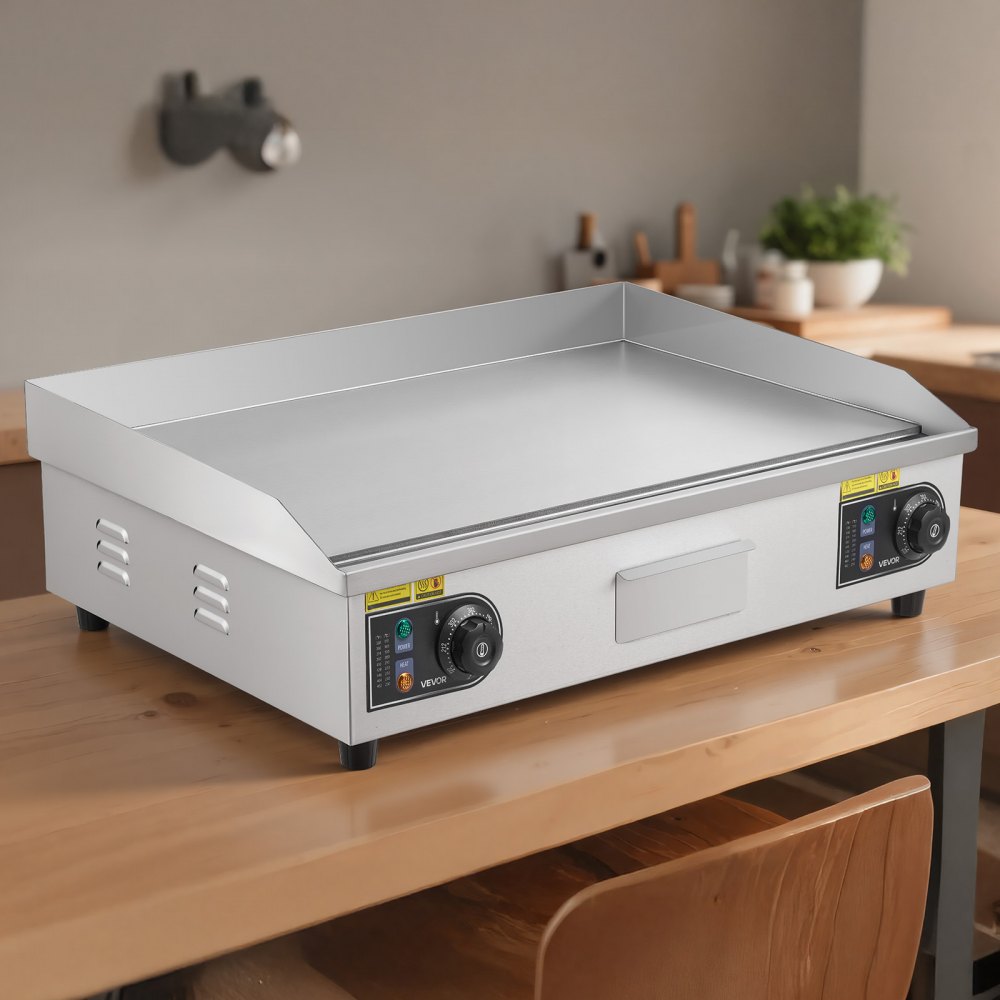 VEVOR Commercial Electric Griddle, 28.54 x 15.75 in, 2800W, 122-570°F Adjustable Temp Control, Stainless Steel Countertop Flat Top Grill with 2 Spatulas, 2 Brushes, and 4 Foot Pads, for Steak (NO PLUG)