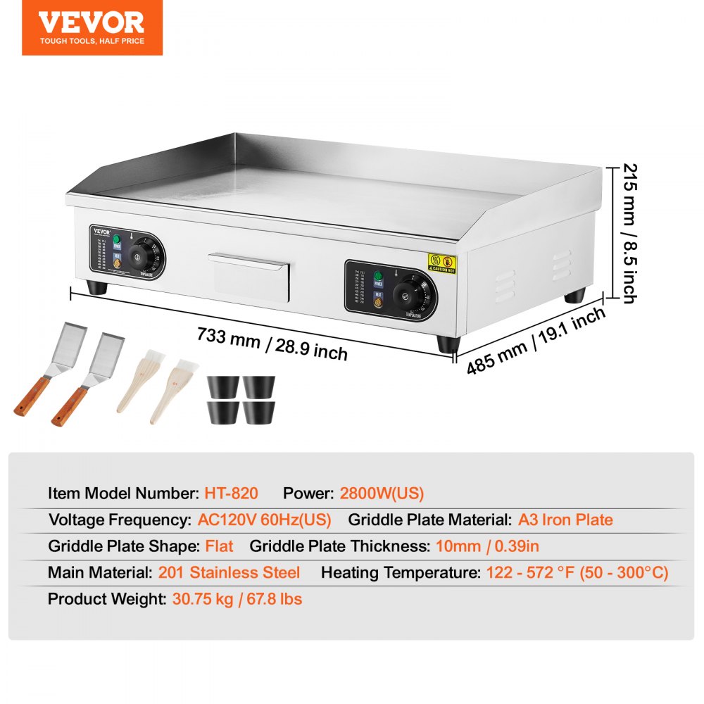 VEVOR Commercial Electric Griddle, 28.54 x 15.75 in, 2800W, 122-570°F Adjustable Temp Control, with 2 Spatulas, 2 Brushes, and 4 Foot Pads, for Steak (NO PLUG)