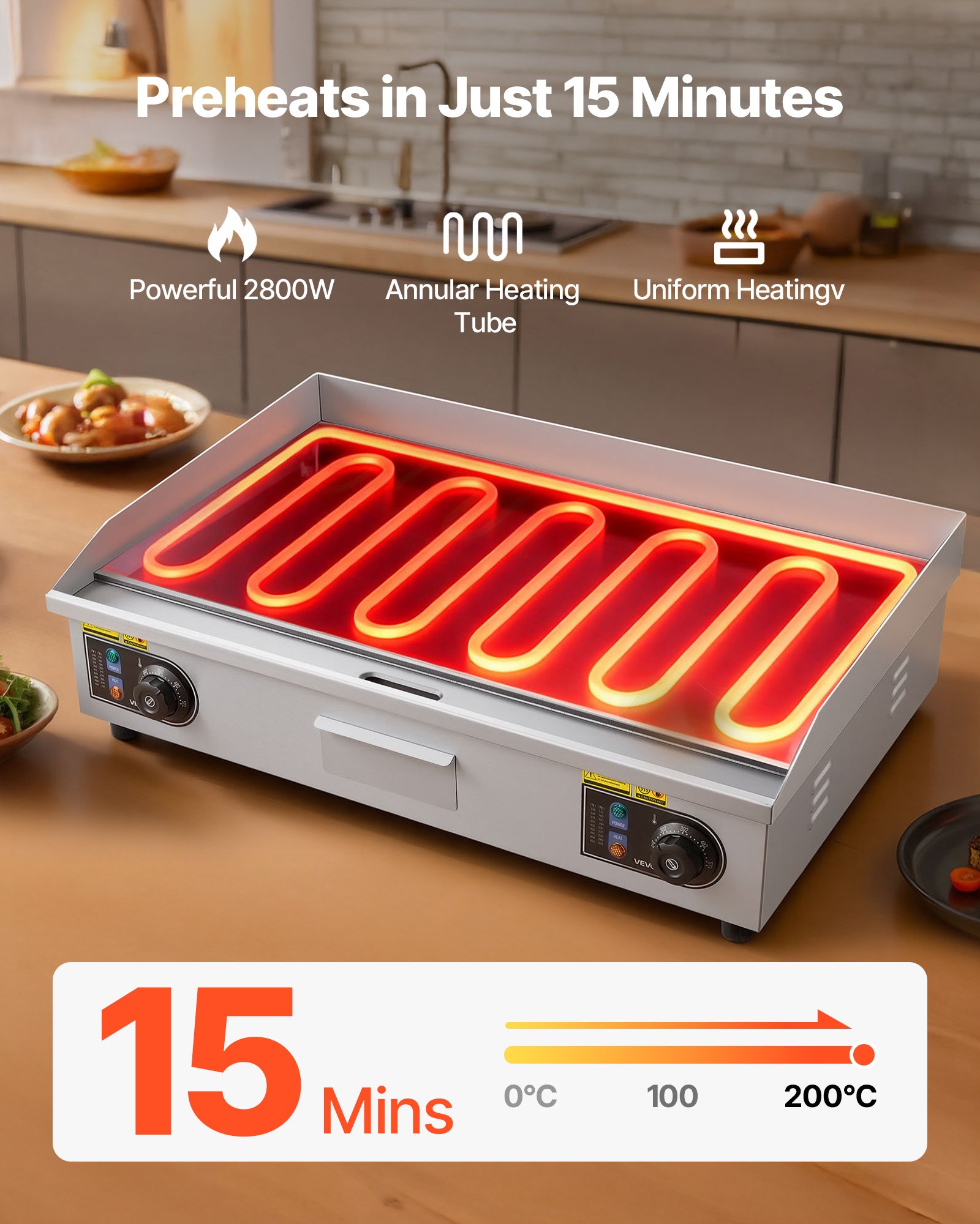 VEVOR Commercial Electric Griddle, 28.54 x 15.75 in, 2800W, 122-570°F Adjustable Temp Control, Stainless Steel Countertop Flat Top Grill with 2 Spatulas, 2 Brushes, and 4 Foot Pads, for Steak (NO PLUG)