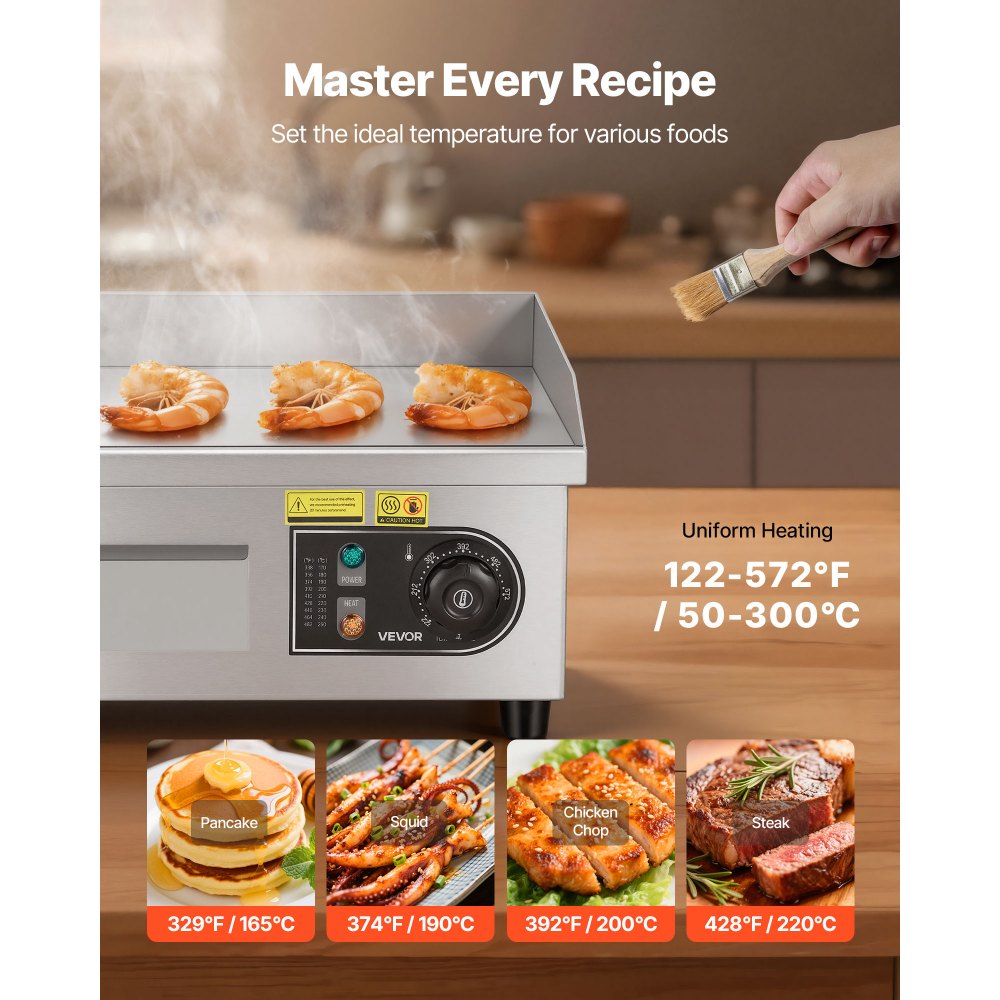 VEVOR Commercial Electric Griddle, 13.98 x 11.81 inch, 1750W, 122-570°F Adjustable Temp Control, Stainless Steel Countertop Flat Top Grill with 2 Spatulas and 2 Brushes, for Steak, Pancake, Squid