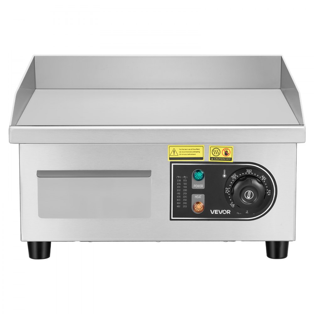 VEVOR Commercial Electric Griddle, 13.98 x 11.81 inch, 1750W, 122-570°F Adjustable Temp Control, Stainless Steel Countertop Flat Top Grill with 2 Spatulas and 2 Brushes, for Steak, Pancake, Squid