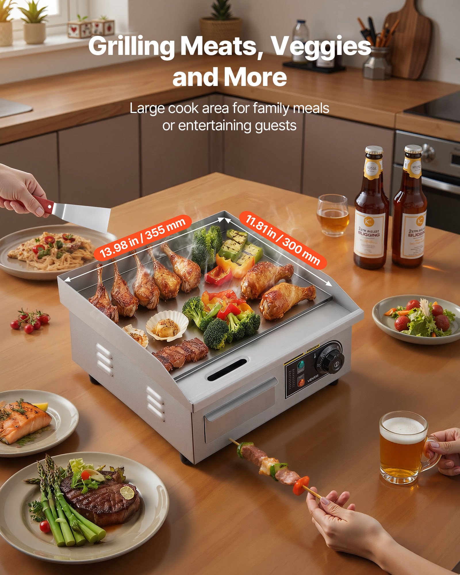 VEVOR Commercial Electric Griddle, 13.98 x 11.81 inch, 1750W, 122-570°F Adjustable Temp Control, Stainless Steel Countertop Flat Top Grill with 2 Spatulas and 2 Brushes, for Steak, Pancake, Squid