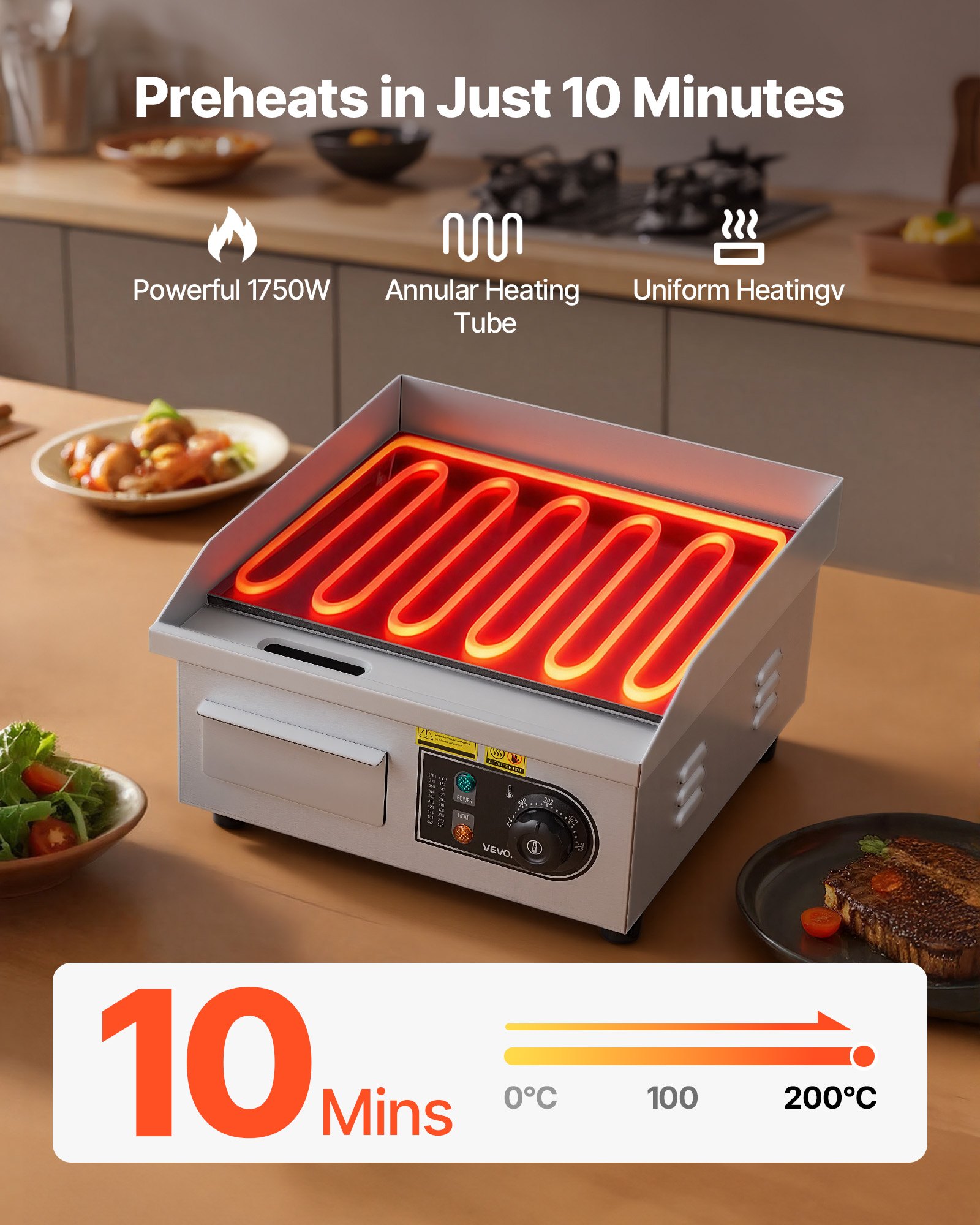 VEVOR Commercial Electric Griddle, 13.98 x 11.81 inch, 1750W, 122-570°F Adjustable Temp Control, Stainless Steel Countertop Flat Top Grill with 2 Spatulas and 2 Brushes, for Steak, Pancake, Squid