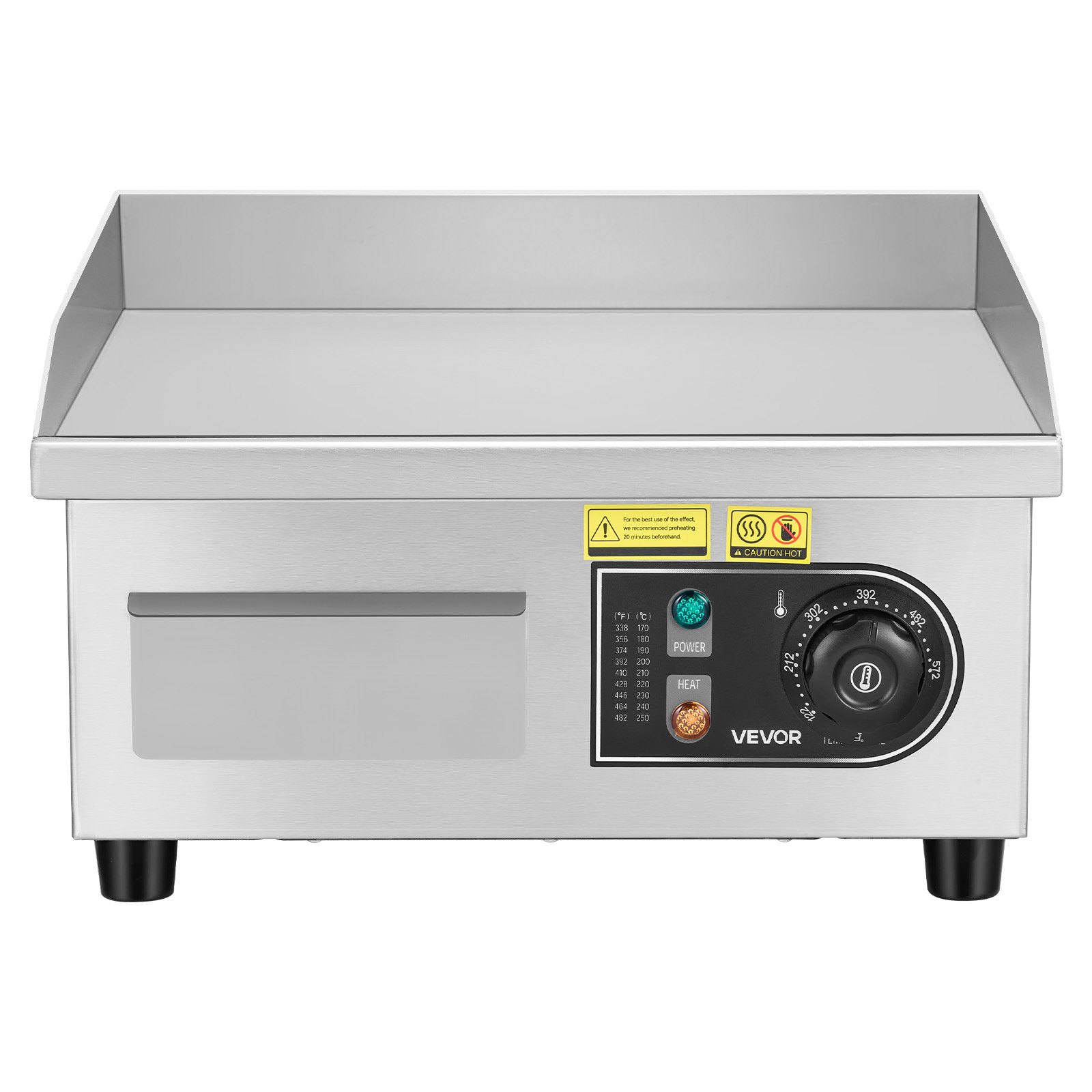VEVOR Commercial Electric Griddle, 13.98 x 11.81 inch, 1750W, 122-570°F Adjustable Temp Control, Stainless Steel Countertop Flat Top Grill with 2 Spatulas and 2 Brushes, for Steak, Pancake, Squid