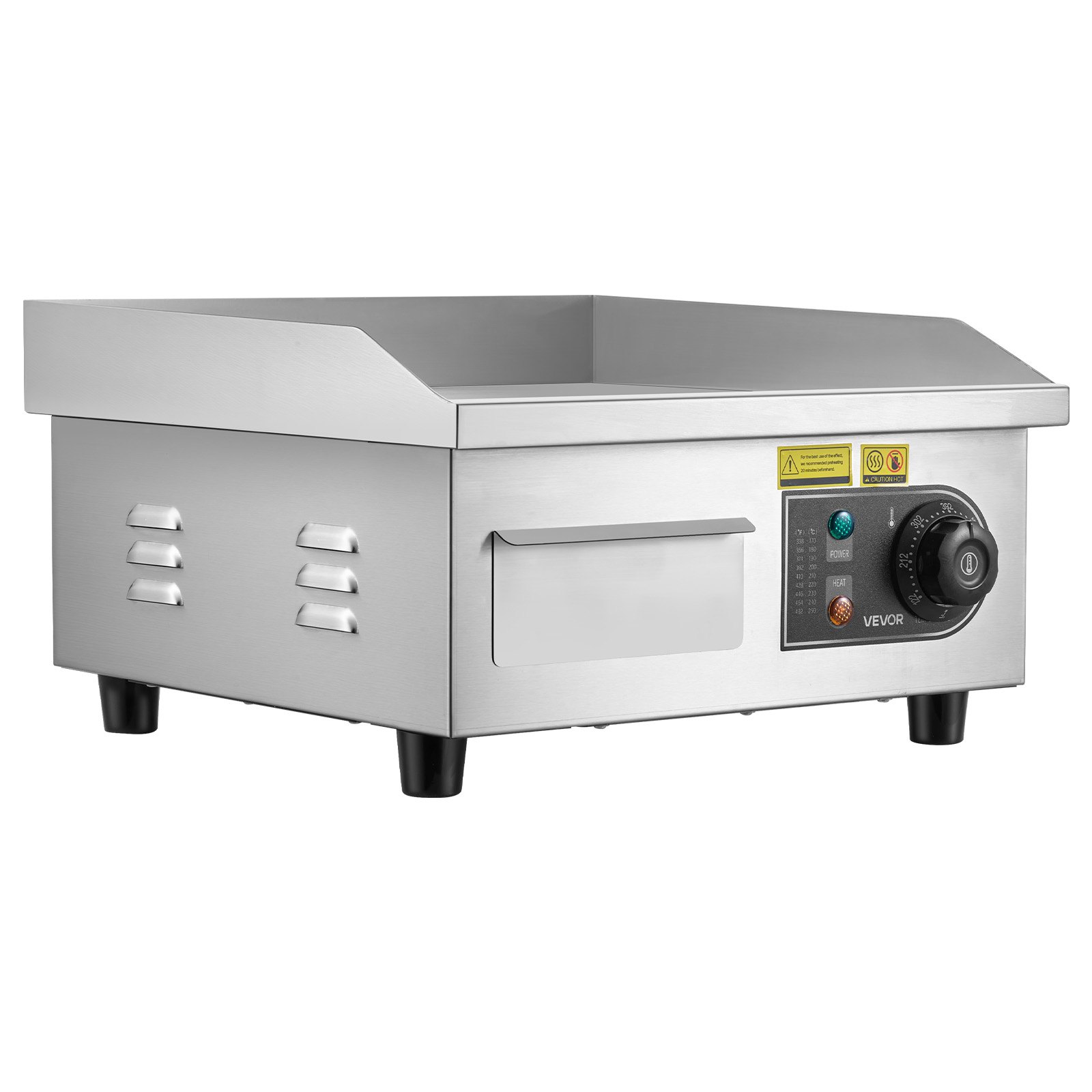 VEVOR Commercial Electric Griddle, 13.98 x 11.81 inch, 1750W, 122-570°F Adjustable Temp Control, Stainless Steel Countertop Flat Top Grill with 2 Spatulas and 2 Brushes, for Steak, Pancake, Squid
