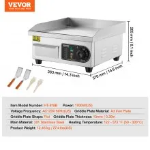 VEVOR Commercial Electric Griddle, 1700W Countertop Flat Top Grill, 122℉-572 ℉ Adjustable Temp, 14.17 x 11.81 x 0.39in Stainless Steel Griddle Grill with 2 Shovels and 2 Brushes for Home or Restaurant