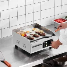 VEVOR Commercial Electric Griddle, 1700W Countertop Flat Top Grill, 122℉-572 ℉ Adjustable Temp, 14.17 x 11.81 x 0.39in Stainless Steel Griddle Grill with 2 Shovels and 2 Brushes for Home or Restaurant