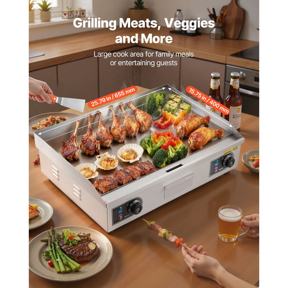 VEVOR Commercial Electric Griddle, 655 x 400 mm, 4000W, 50-300°C Adjustable Temp Control, Stainless Steel Countertop Flat Top Grill with 2 Spatulas, 2 Brushes, and 4 Foot Pads, for Steak(NO PLUG)