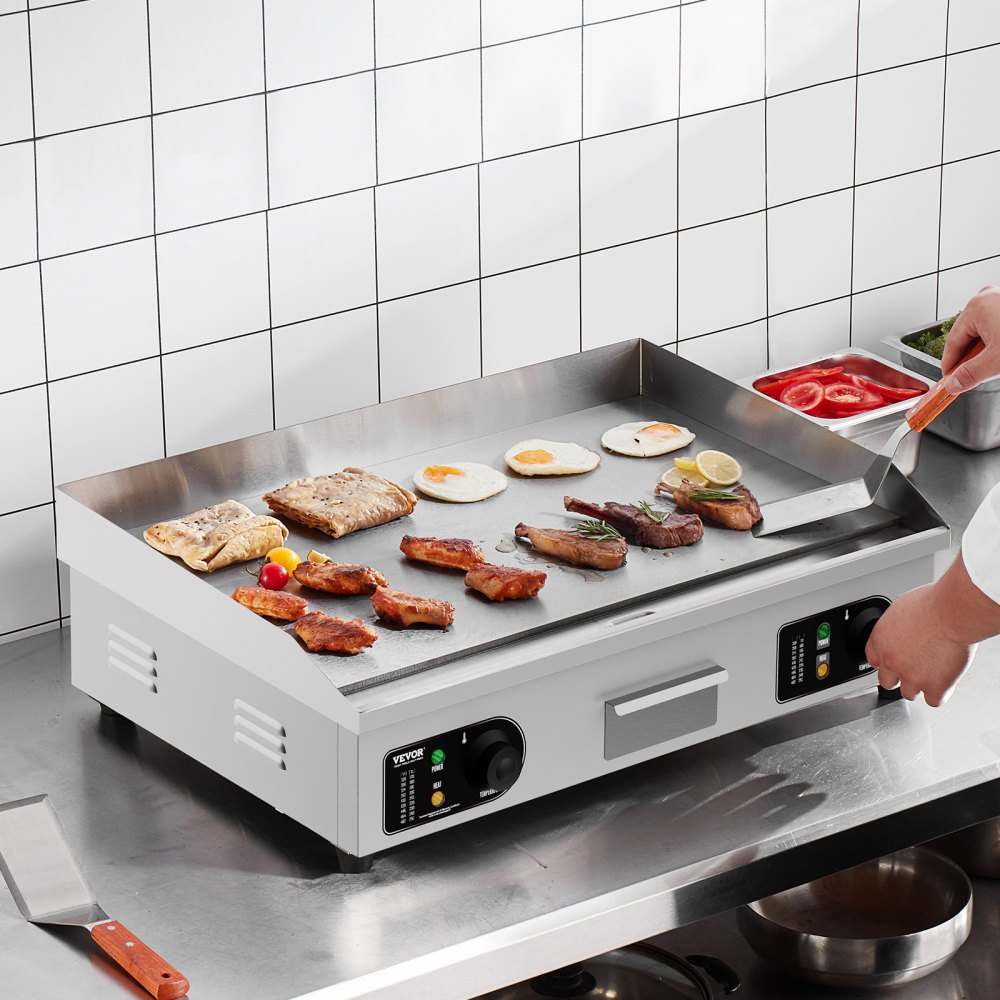 VEVOR Commercial Electric Griddle, 4000W Countertop Flat Top Grill, 122℉-572 ℉ Adjustable Temp, 25.98 x 15.75 x 0.39in Stainless Steel Griddle Grill with 2 Shovels and 2 Brushes for Home or Restaurant