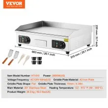 VEVOR Commercial Electric Griddle, 2800W Countertop Flat Top Grill, 122℉-572 ℉ Adjustable Temp, 25.98 x 15.75 x 0.39in Stainless Steel Griddle Grill with 2 Shovels and 2 Brushes for Home or Restaurant No Plug
