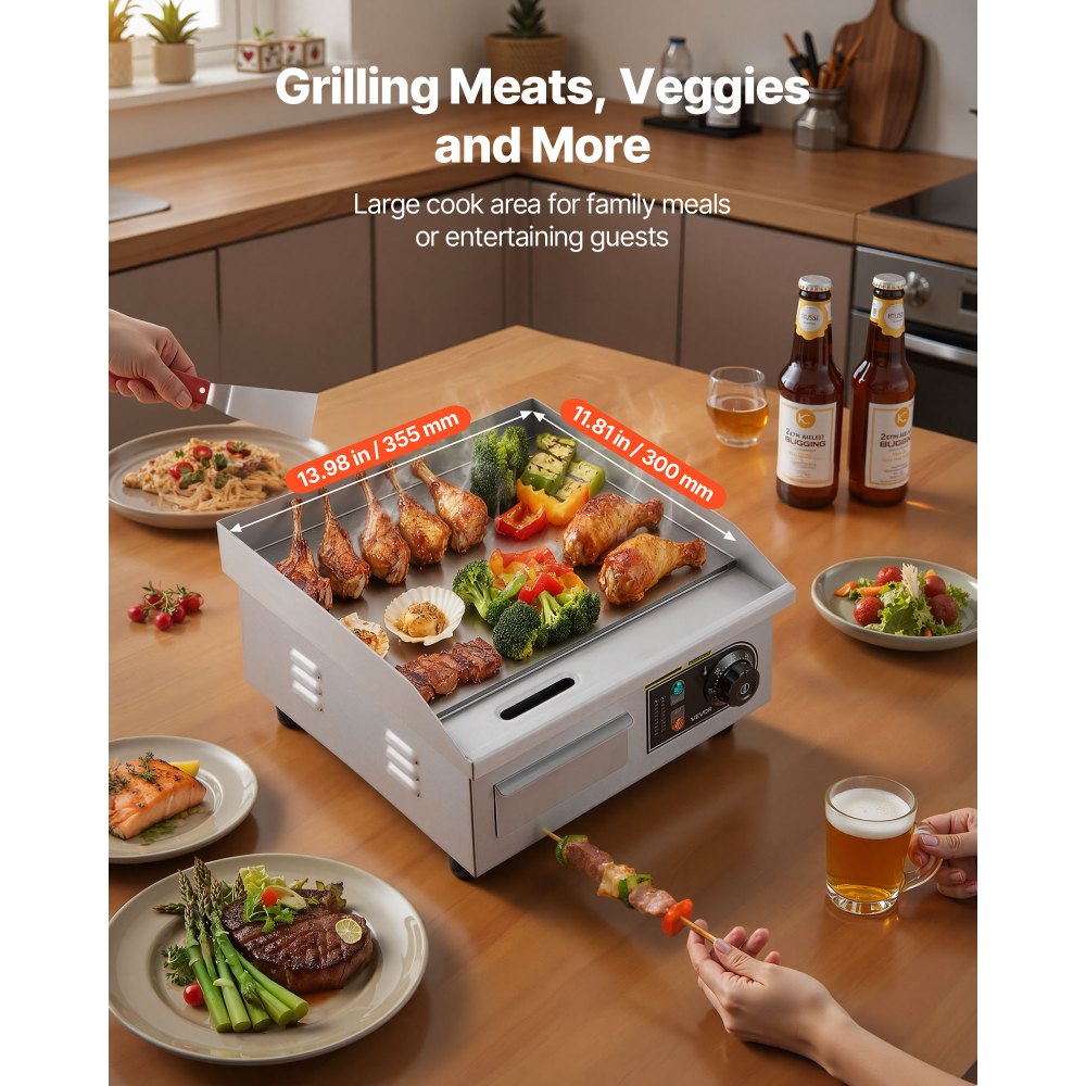 VEVOR Commercial Electric Griddle, 355 x 300 mm, 2000W, 50-300°C Adjustable Temp Control, Stainless Steel Countertop Full Flat Top Grill with 2 Spatulas and 2 Brushes, for Steak, Pancake, Squid