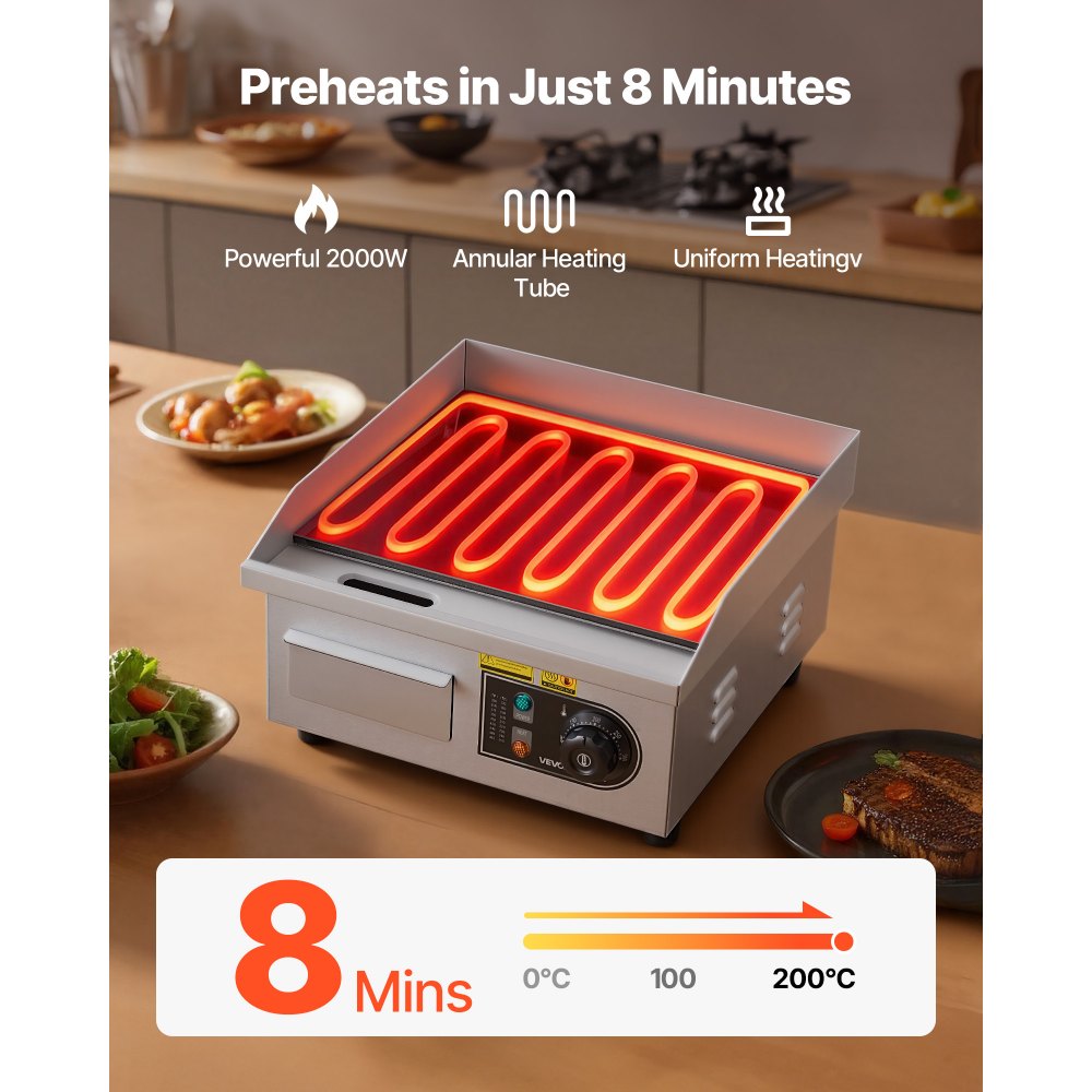 VEVOR Commercial Electric Griddle, 355 x 300 mm, 2000W, 50-300°C Adjustable Temp Control, Stainless Steel Countertop Full Flat Top Grill with 2 Spatulas and 2 Brushes, for Steak, Pancake, Squid