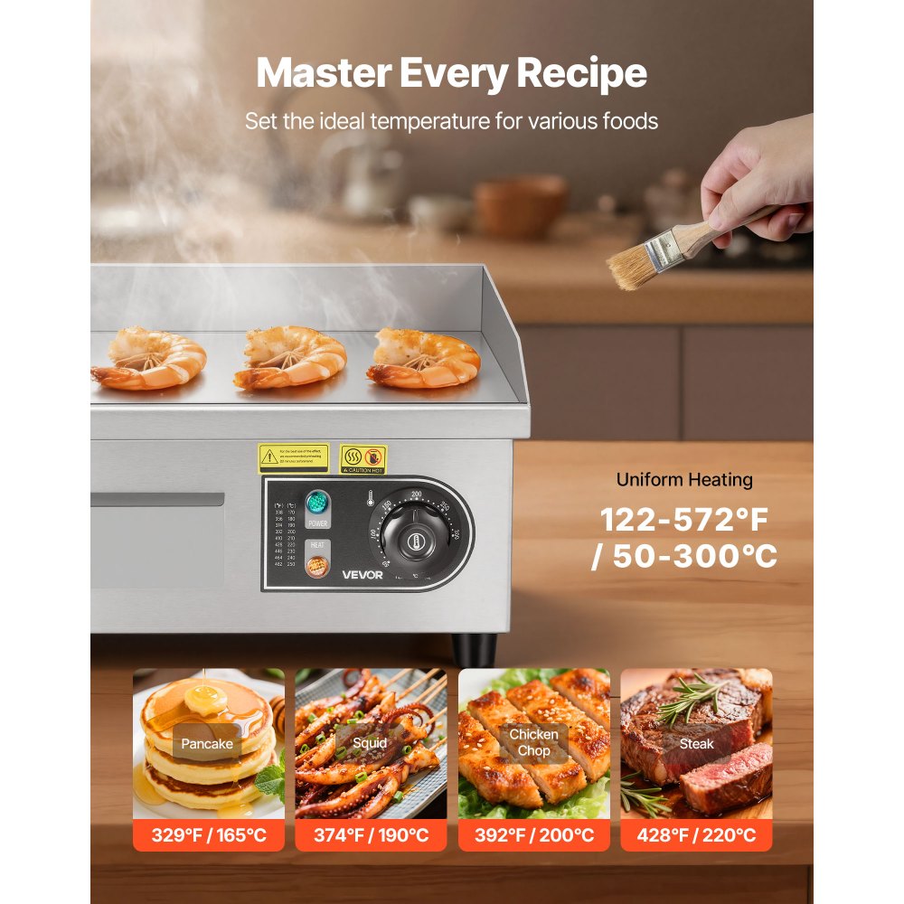 VEVOR Commercial Electric Griddle, 355 x 300 mm, 2000W, 50-300°C Adjustable Temp Control, Stainless Steel Countertop Full Flat Top Grill with 2 Spatulas and 2 Brushes, for Steak, Pancake, Squid