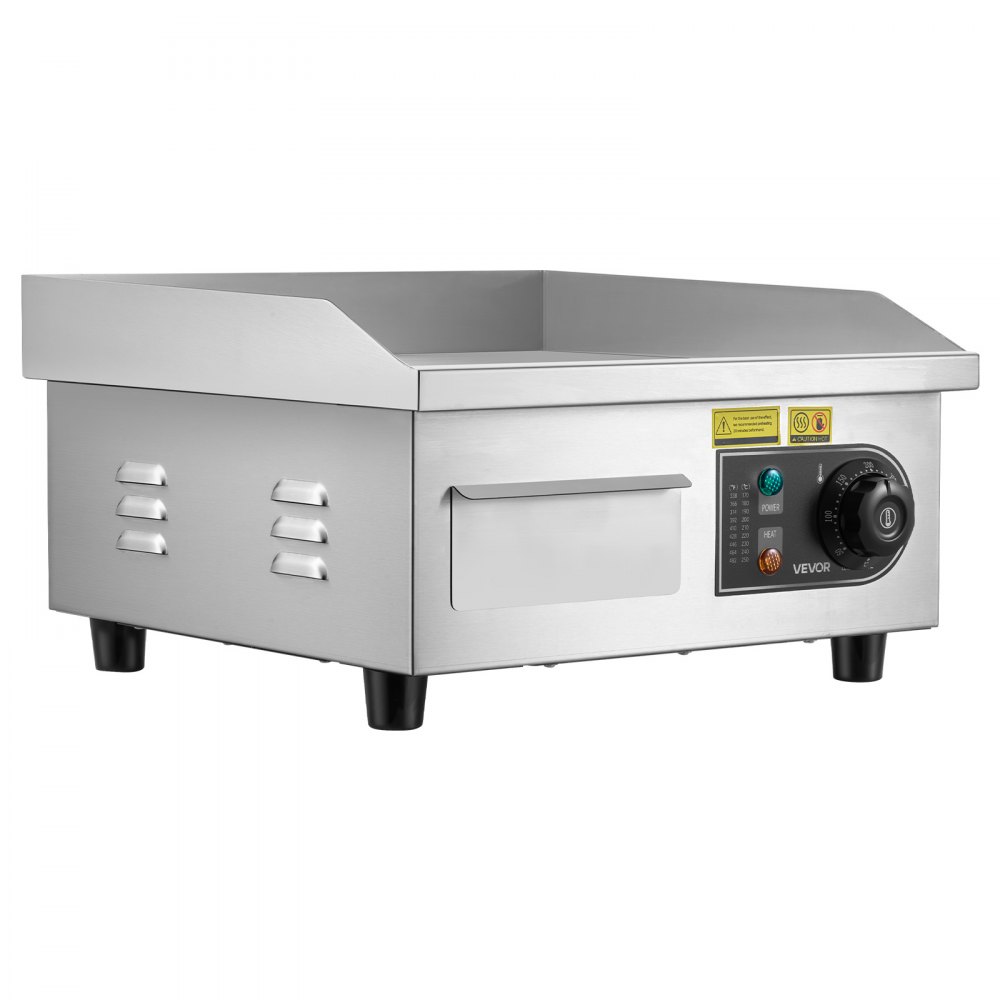 VEVOR Commercial Electric Griddle, 355 x 300 mm, 2000W, 50-300°C Adjustable Temp Control, Stainless Steel Countertop Full Flat Top Grill with 2 Spatulas and 2 Brushes, for Steak, Pancake, Squid
