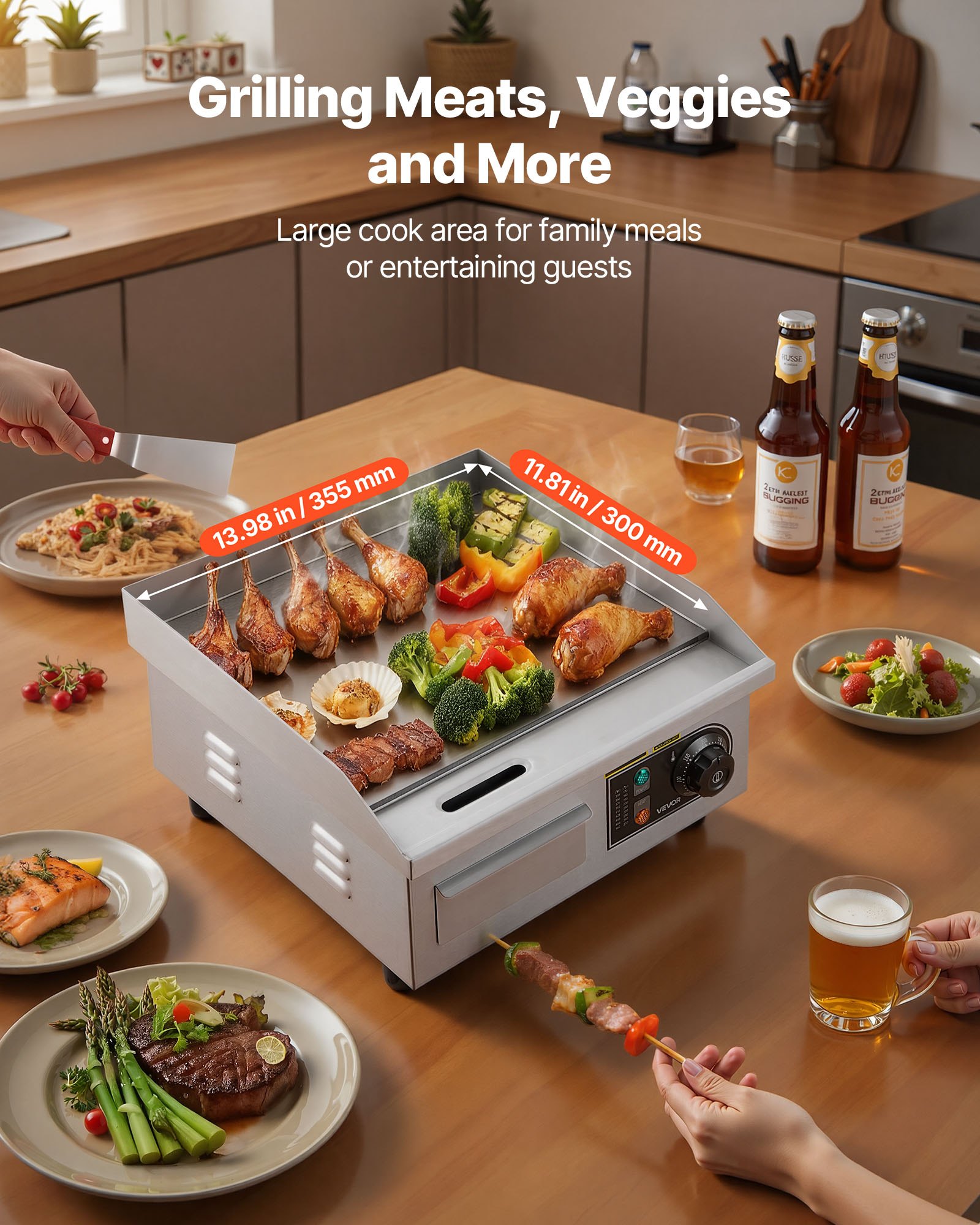 VEVOR Commercial Electric Griddle, 355 x 300 mm, 2000W, 50-300°C Adjustable Temp Control, Stainless Steel Countertop Full Flat Top Grill with 2 Spatulas and 2 Brushes, for Steak, Pancake, Squid
